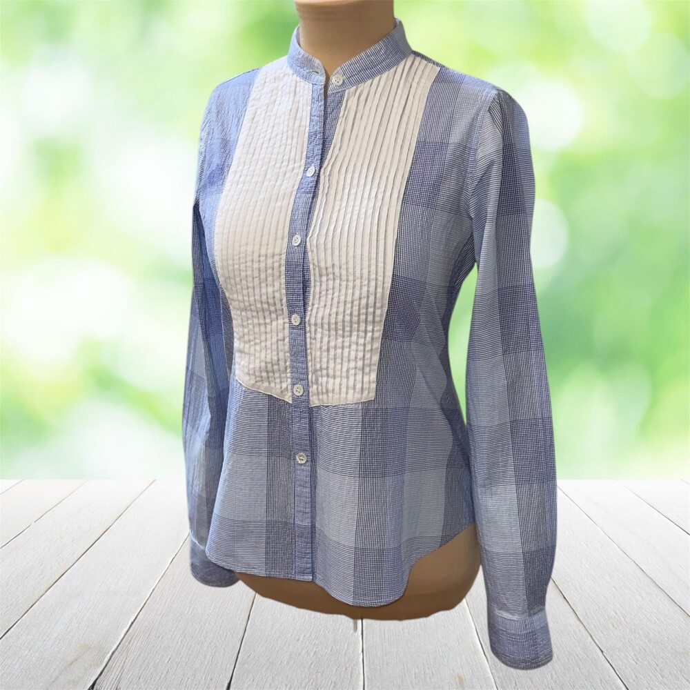 THEORY Tuxedo Shirt Pintuck Bib Band Collar Crinkle Plaid Blue White Womens S